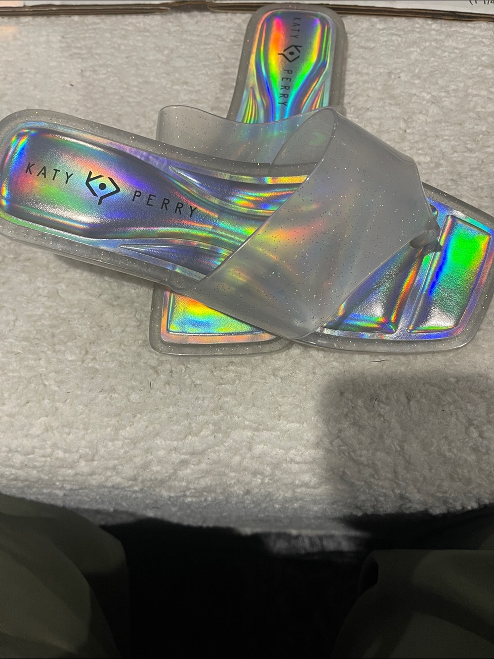 Katy Perry Collections Holographic Iridescent Clear Slide Sandals - Picture 2 of 7